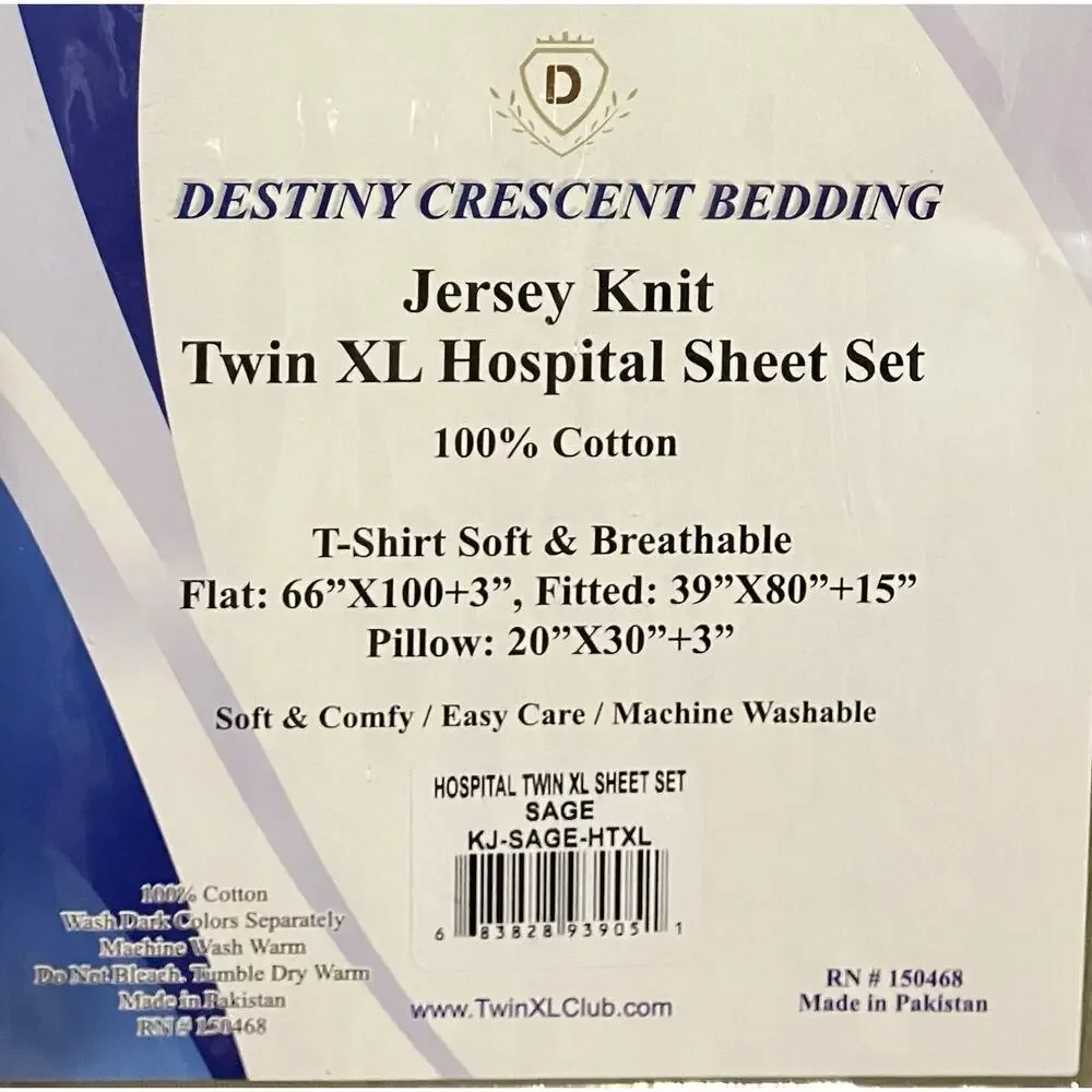 Destiny Crescent Bedding Twin XL Hospital Sheet Set Jersey Knit Sage Green NIP